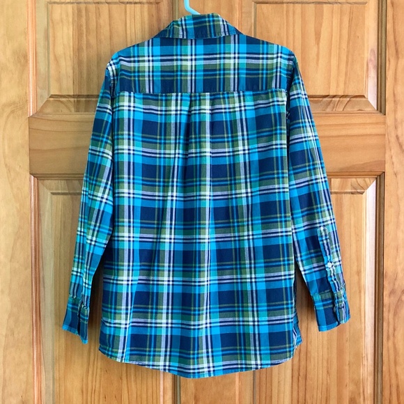 Boy’s size 8 Lands’ End blue and green plaid long sleeved button up dress shirt - Picture 2 of 5